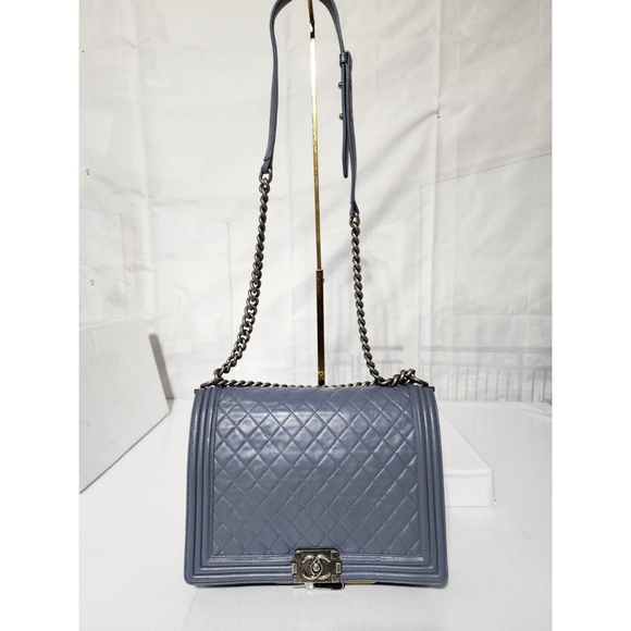 CHANEL Lambskin Quilted Large Boy Flap Shoulder Bag Grey - Picture 1 of 16